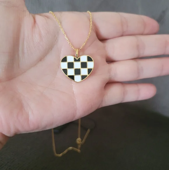 Rachel Zoe Black🖤 and White Checkered Enamel Heart♥️ Pendant Necklace - NWT - Picture 3 of 16